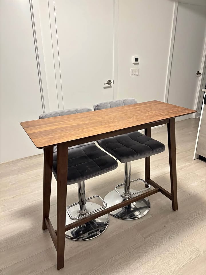 Solid Wood Bar Table + 2 Adjustable Velvet Stools