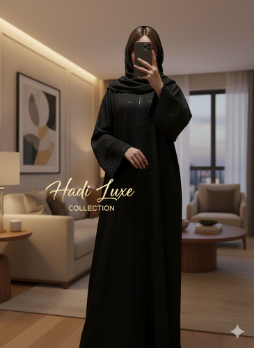Black Dubai Abaya w/ Lace & Stone Detail & Hijab (Sizes 58, 60)