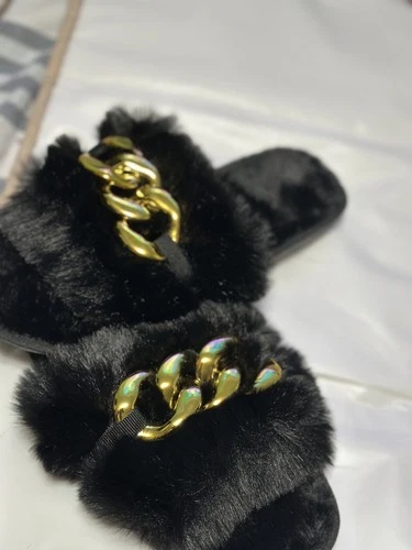 Women’s Black Faux Fur Slide Slippers with Gold Chain