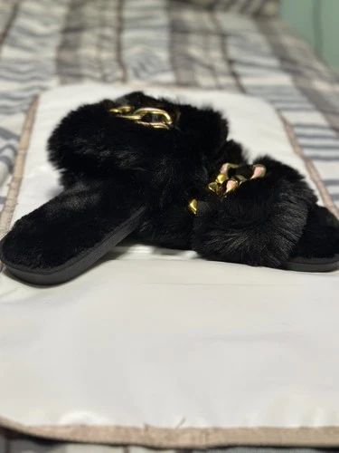 Women’s Black Faux Fur Slide Slippers with Gold Chain - photo 2