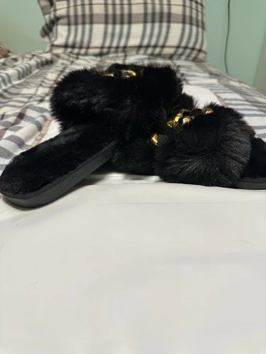 Women’s Black Faux Fur Slide Slippers with Gold Chain - photo 3