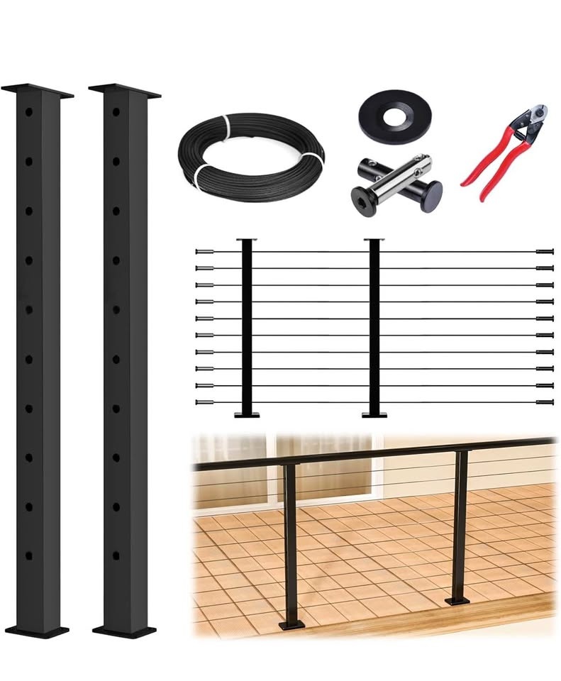Muzata Cable Railing Kit - 36" Black Posts (2-Pack) w/ 150ft Cab