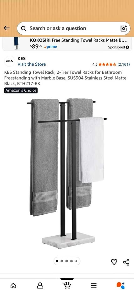 KES Standing Towel Rack, 2-Tier Bathroom Freestanding w/ Marble