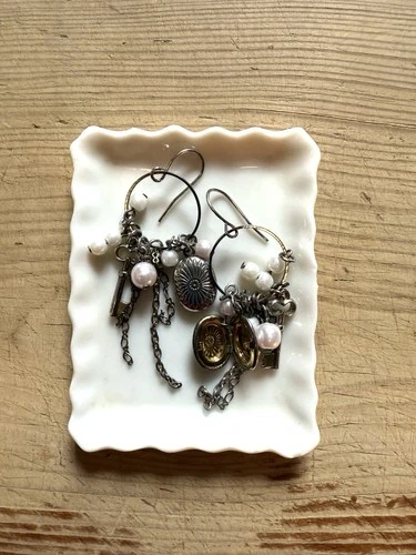 Vintage Charm Dangle Pierced Earrings With Locket And Key