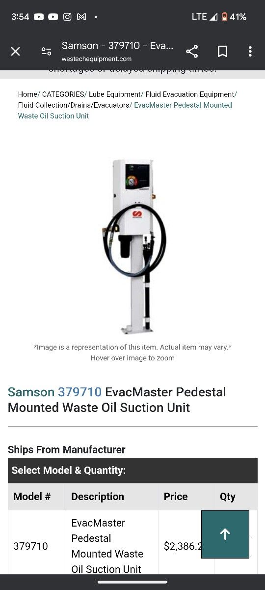 Samson Evacmaster Pedestal Waste Oil Suction Unit - New