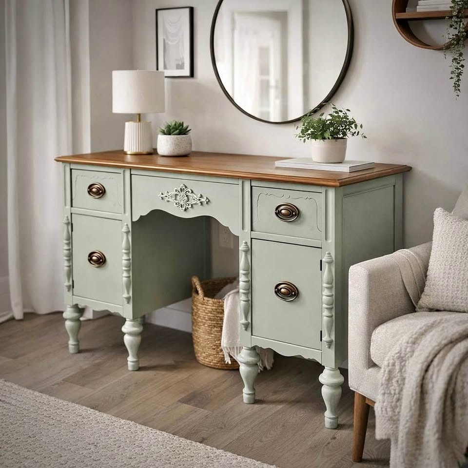Solid Wood Vintage Desk / Vanity – Sage Green + Wood Top