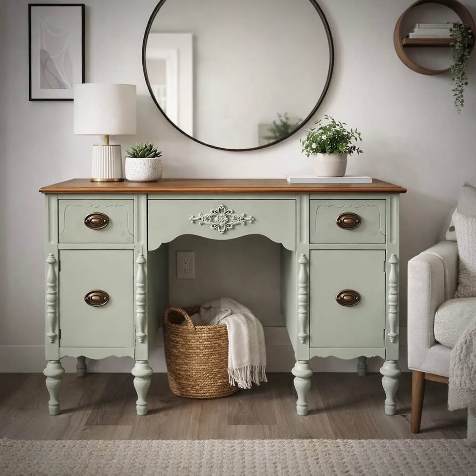 Solid Wood Vintage Desk / Vanity – Sage Green + Wood Top - photo 2