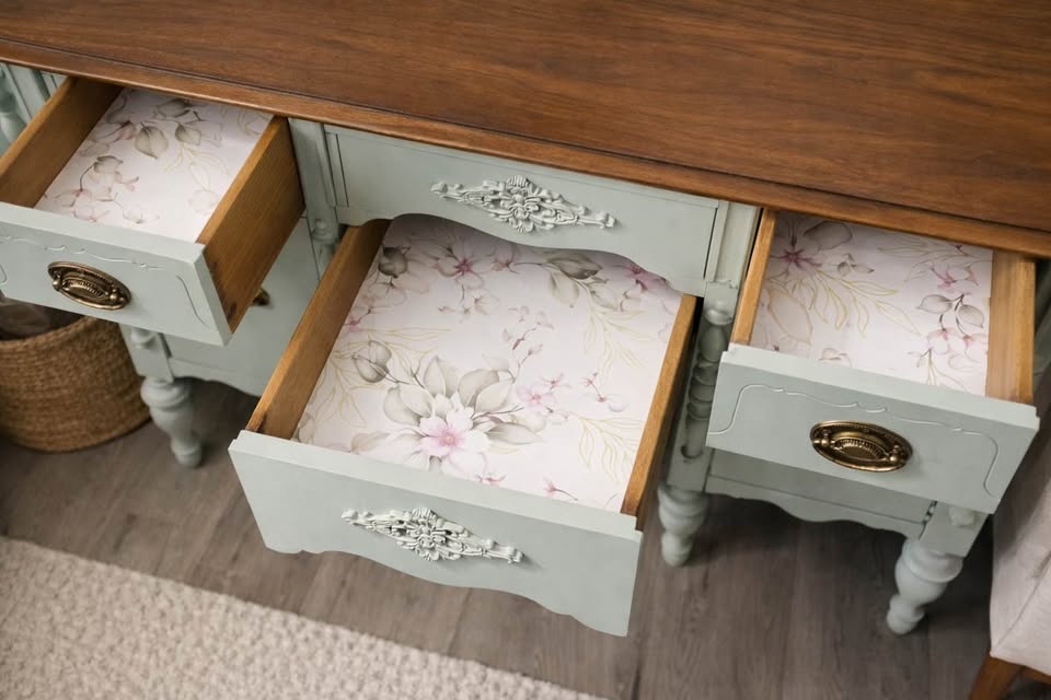 Solid Wood Vintage Desk / Vanity – Sage Green + Wood Top - photo 3