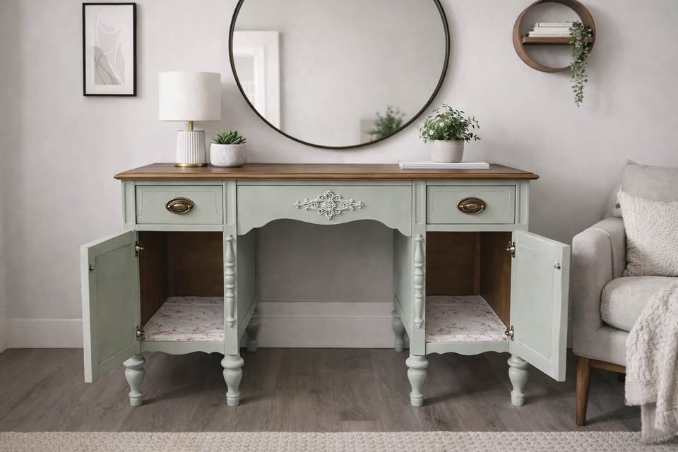 Solid Wood Vintage Desk / Vanity – Sage Green + Wood Top - photo 4