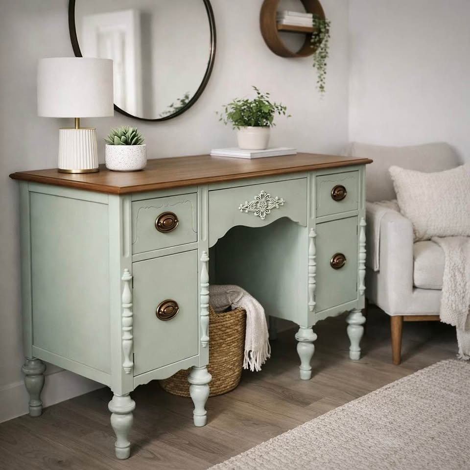 Solid Wood Vintage Desk / Vanity – Sage Green + Wood Top - photo 5