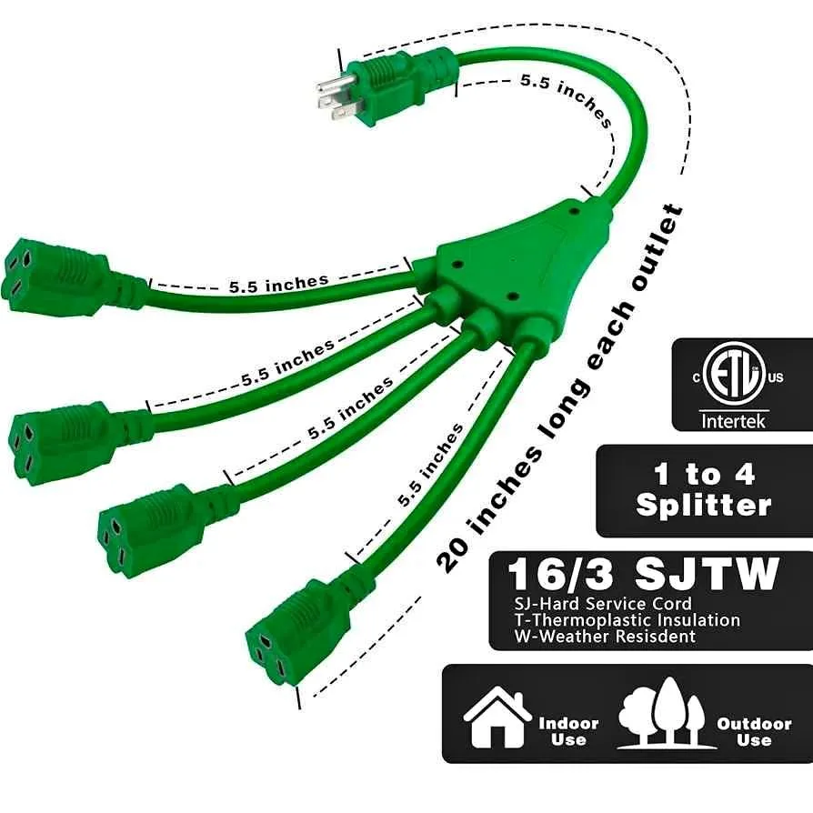 Kasonic 20 Inch 1 to 4 Extension Cord Splitter, Green thumbnail