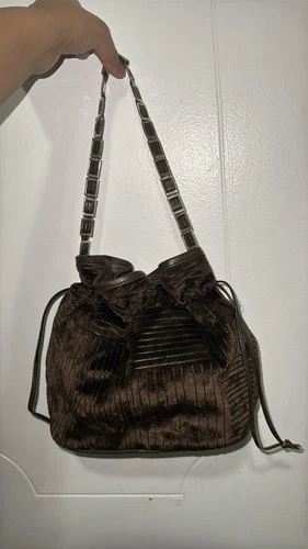 Vintage Y2K Chocolate Velvet Slit-Stitch Drawstring Bucket Bag