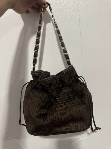 Vintage Y2K Chocolate Velvet Slit-Stitch Drawstring Bucket Bag - photo 5