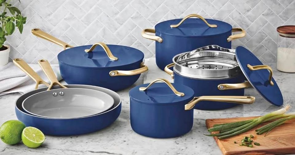 10-Piece Ceramic Cookware Set - Navy with Gold Handles