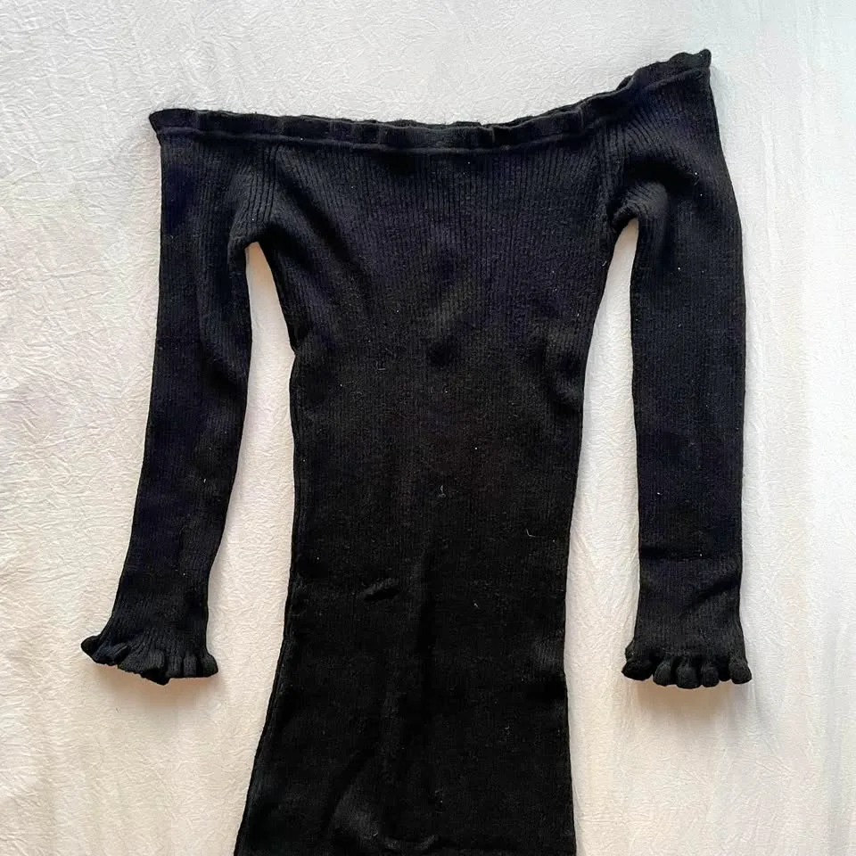 Black Ribbed, Off the Shoulder Knit Dress (One Size, fits most) thumbnail
