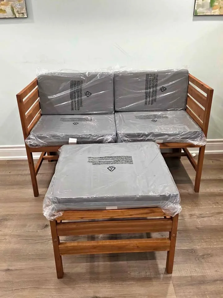 Acacia Patio Sofa with Cushions and Ottoman - New thumbnail
