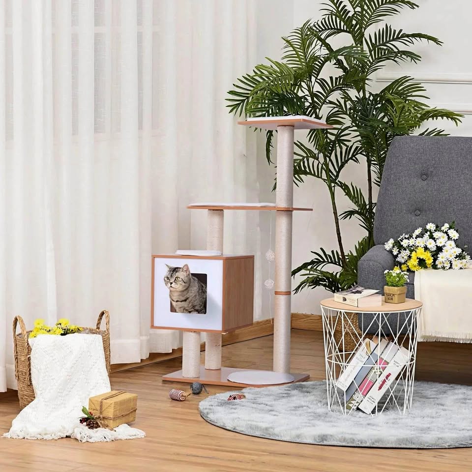 47” Wood Cat Tree – Scratching Post + Hideaway Box - Brand new