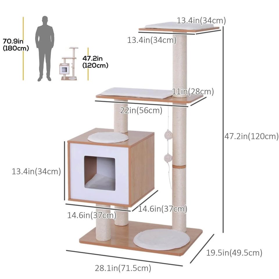 47” Wood Cat Tree – Scratching Post + Hideaway Box - Brand new - photo 3