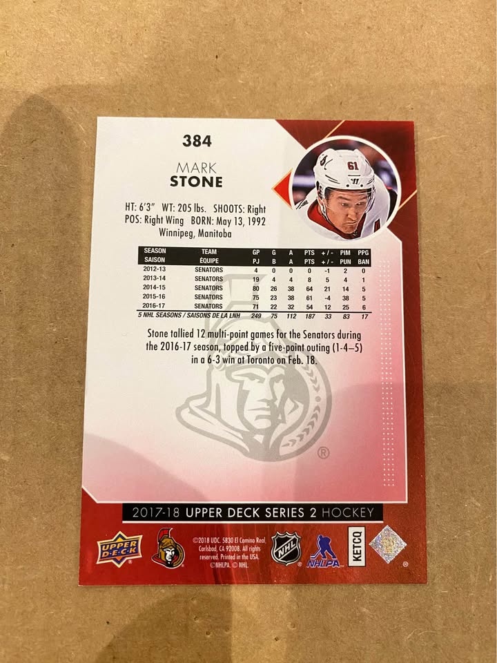 2017-18 Upper Deck Series 2 Mark Stone UD Exclusives /100 - photo 2