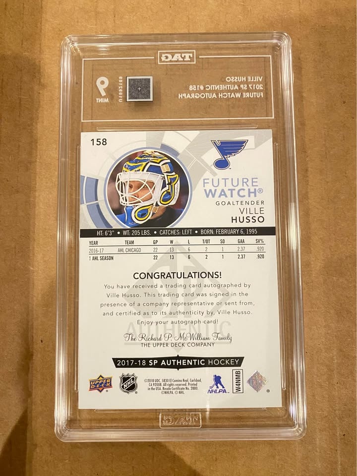 2017-18 SP Authentic Ville Husso Future Watch Auto Graded TAG 9 - photo 2