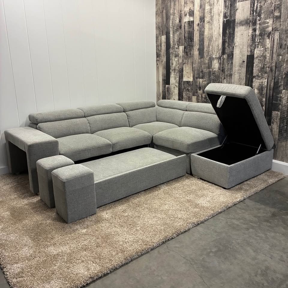 Grey Sleeper Sectional with Storage & Foot Stools