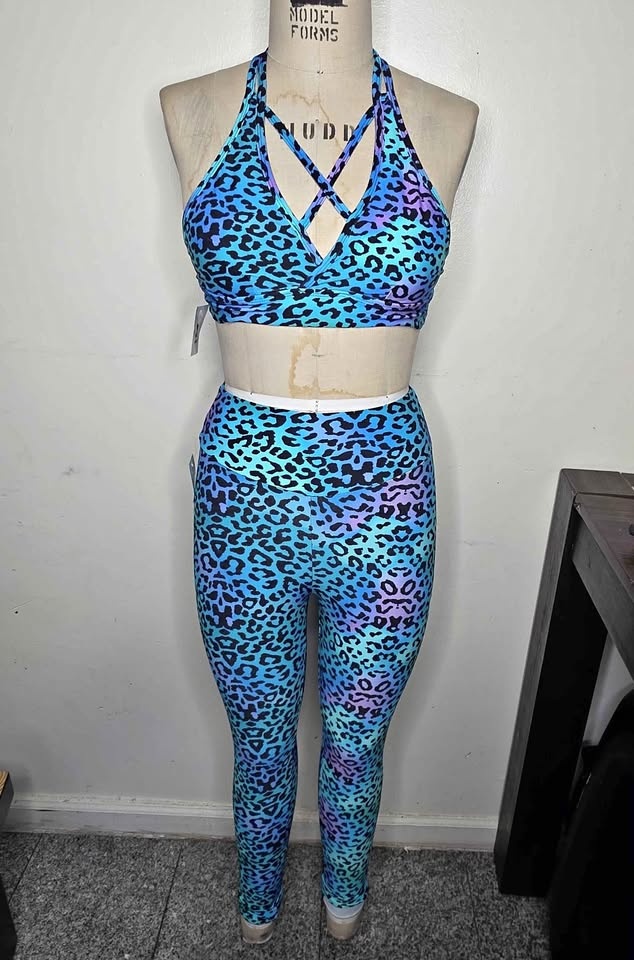 Leopard Print Leggings or Shorts Set with Top (Light Blue)