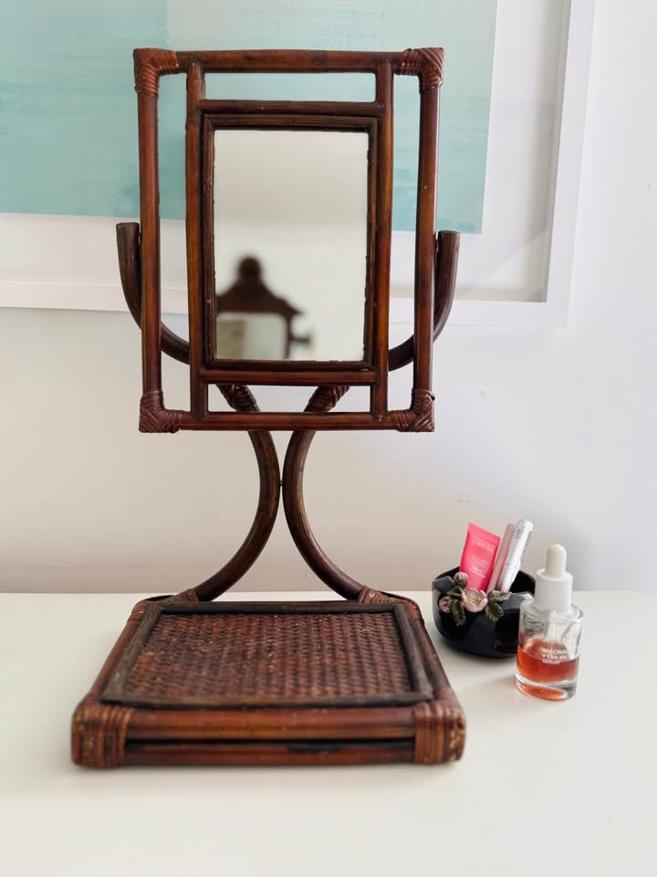 Vintage Bamboo Rattan Vanity Mirror Boho Decor - photo 2