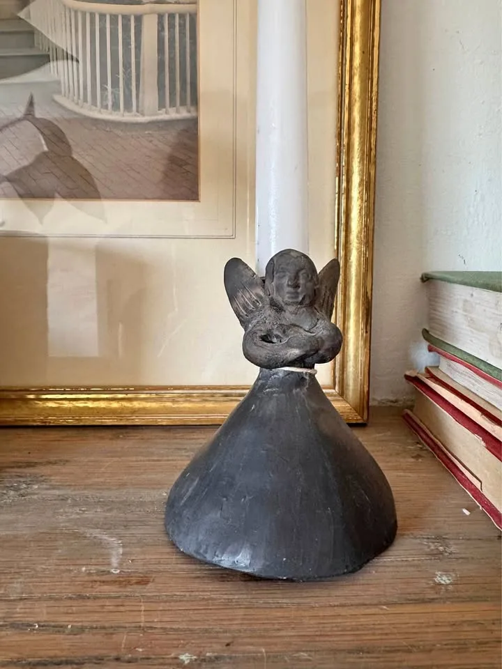 Vintage Oaxaca Black Clay Angel Bell Candleholder thumbnail
