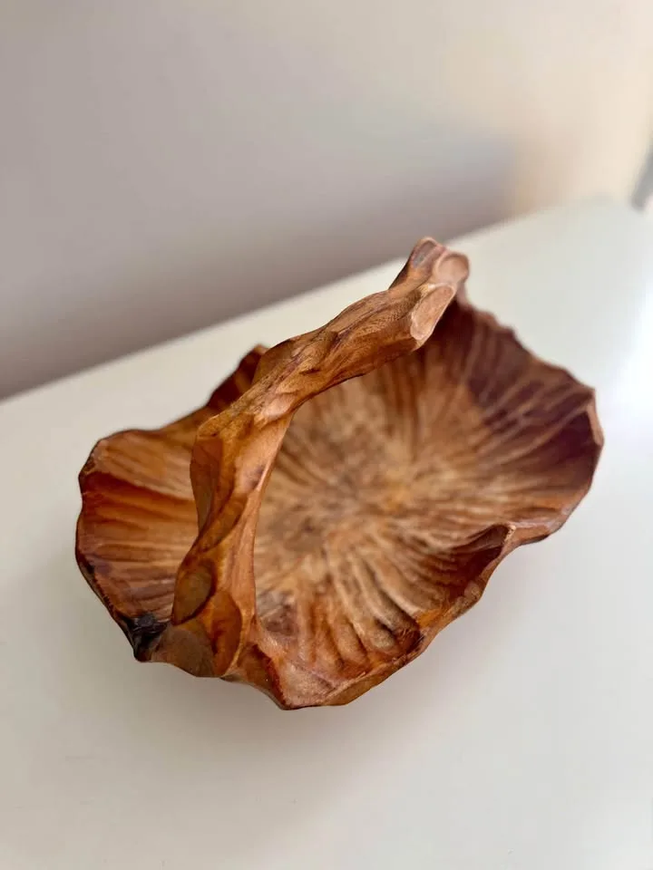 Vintage MCM Carved Wood Basket Bowl thumbnail