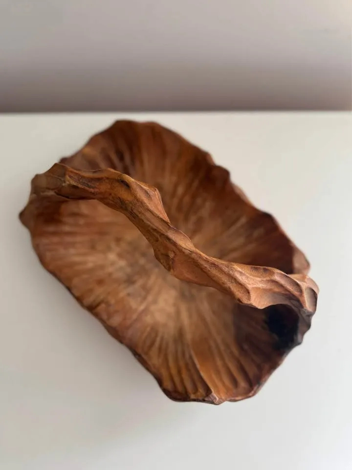 Vintage MCM Carved Wood Basket Bowl image indicator(3)