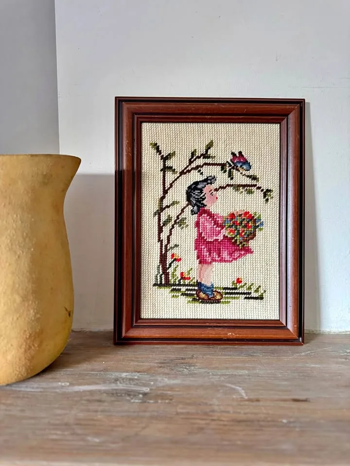 Charming Vintage Needlepoint Art - Custom Framed Decor thumbnail