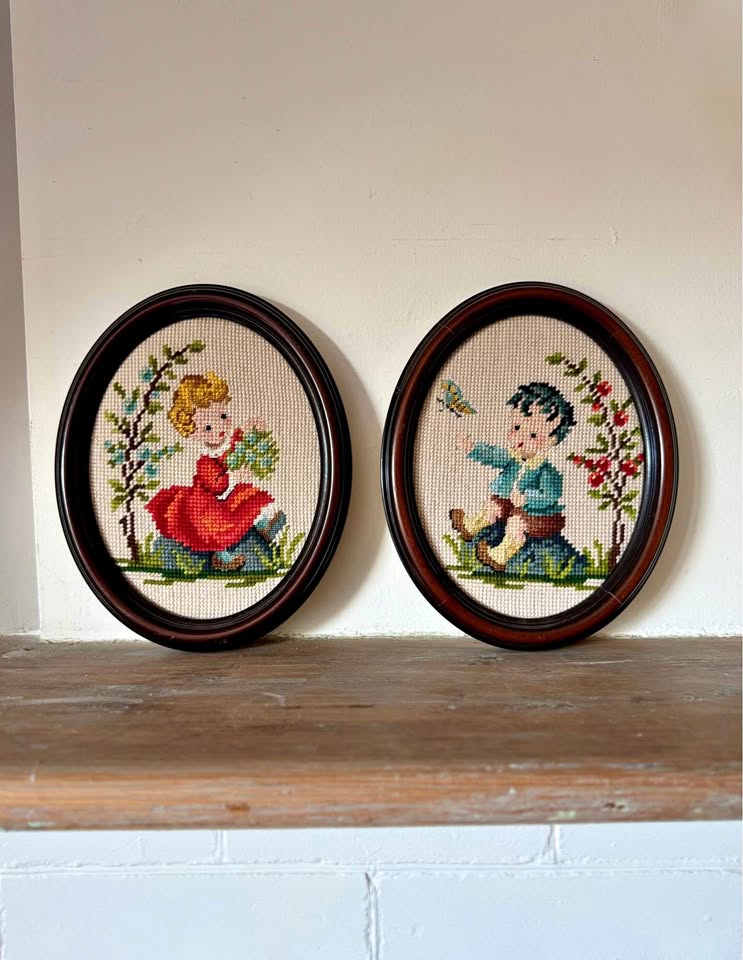 Vintage Needlepoint Wall Art, Children's Cottage Decor