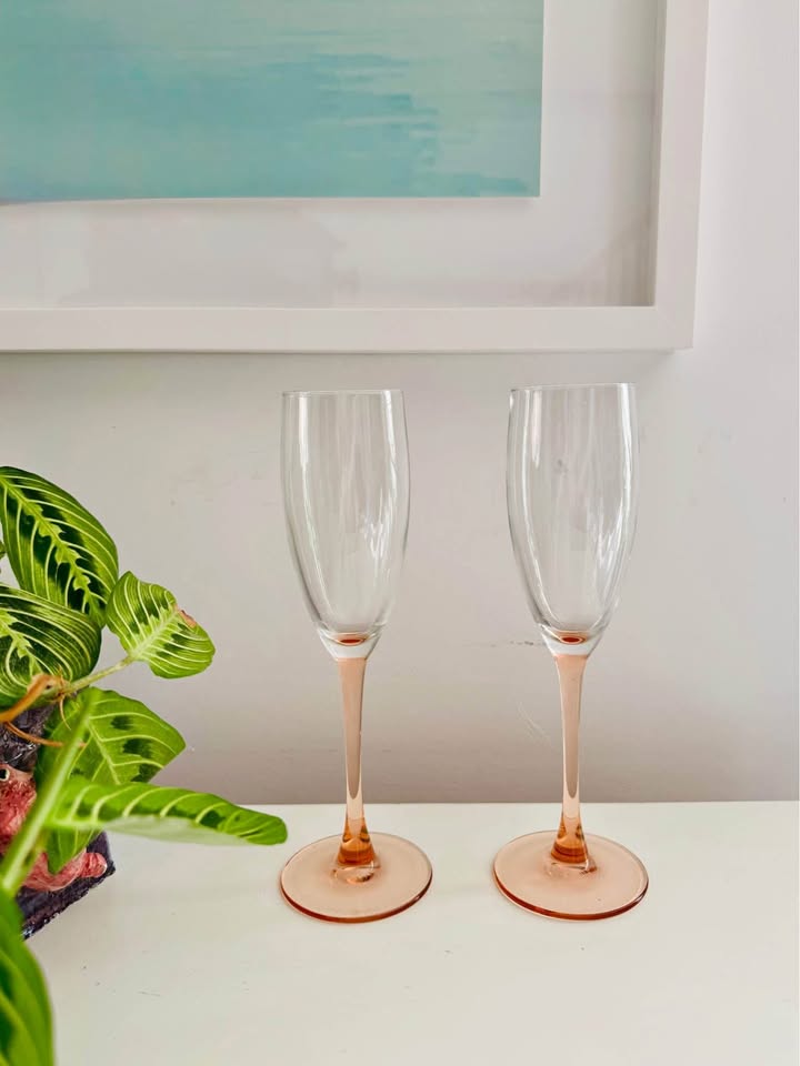 Pair of Pink Stem Champagne Glasses. Vintage. Made in France.