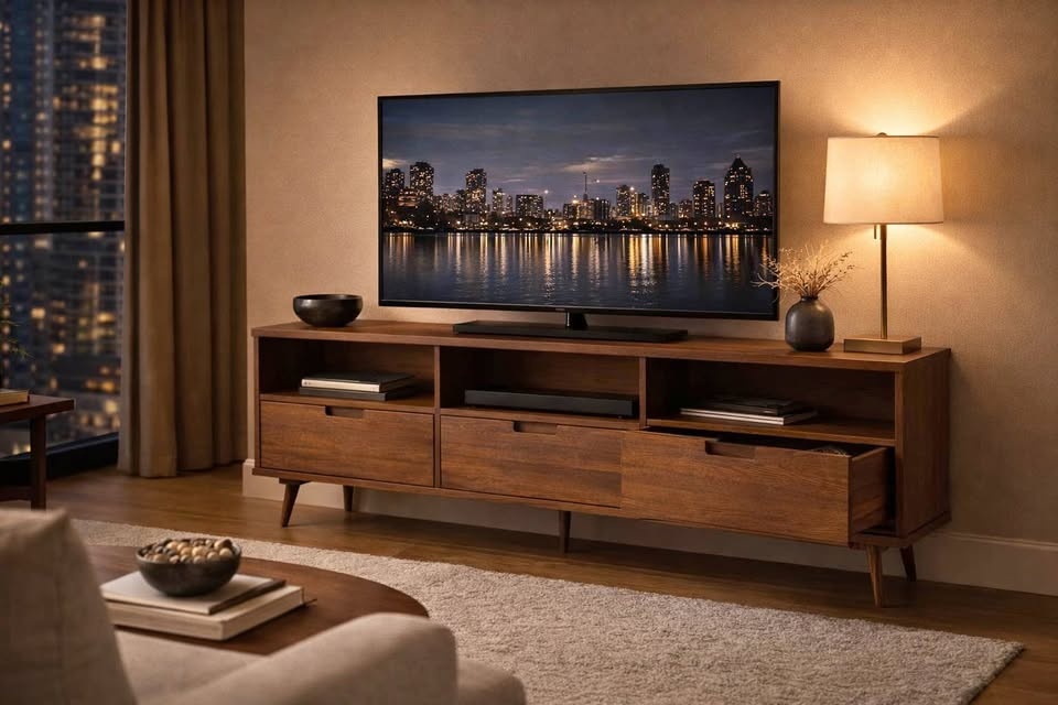 Mid-Century Solid Wood Media Stand - 70" Wide - BRAND NEW