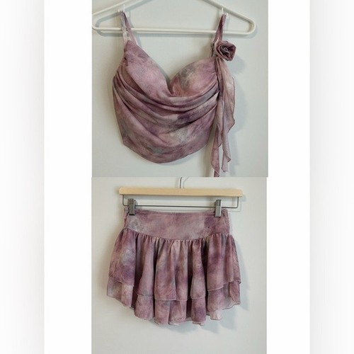 Purple Floral Ruched Swimwear Bikini Top & Skirt Set