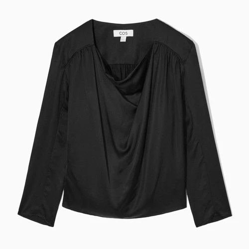 COS Women's Satin Black Cowl Neck Drape Top Blouse