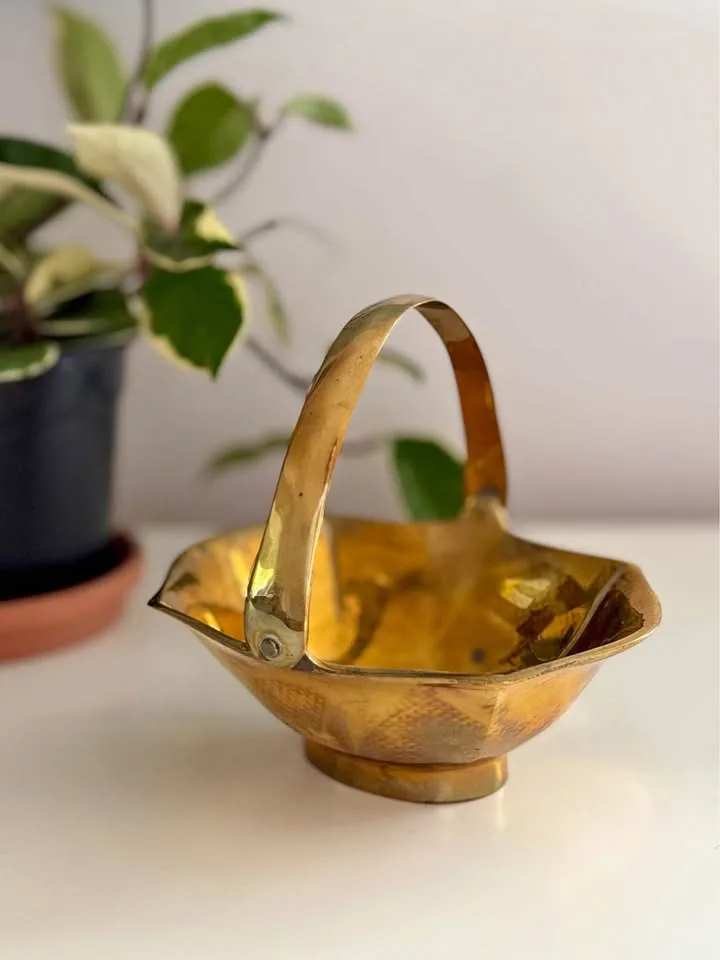 Solid Brass Basket with handle. VINTAGE. thumbnail
