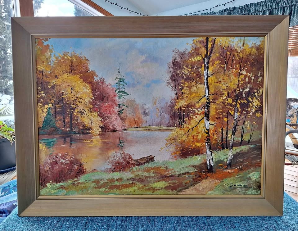 Oil canvas painting of Autumn Landscape in vintage style wooden