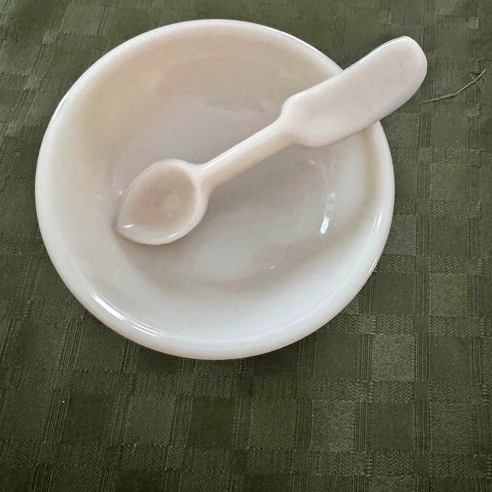 Milk glass /depression glass child's bowl and spoon