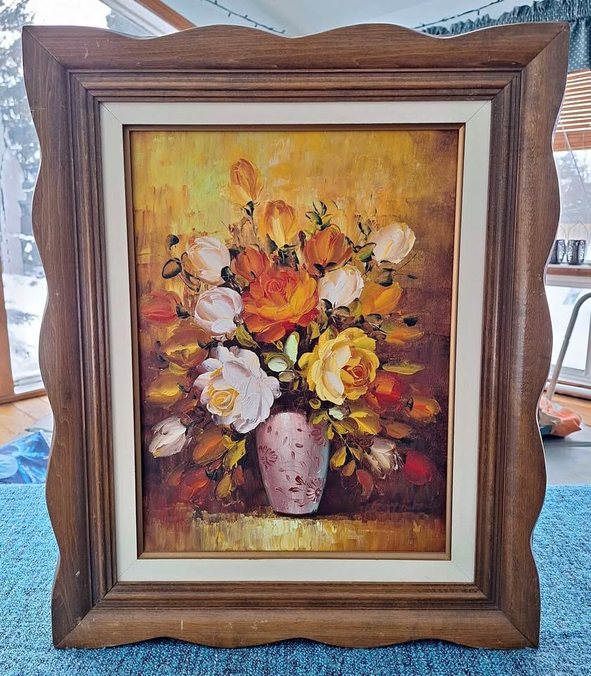 Vintage Floral Still Life Oil Painting on Canvas