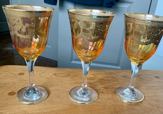 Vintage J Preziosi Amber Glass Goblets w/ 24K Gold Overlay