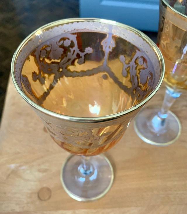 Vintage J Preziosi Amber Glass Goblets w/ 24K Gold Overlay - photo 2