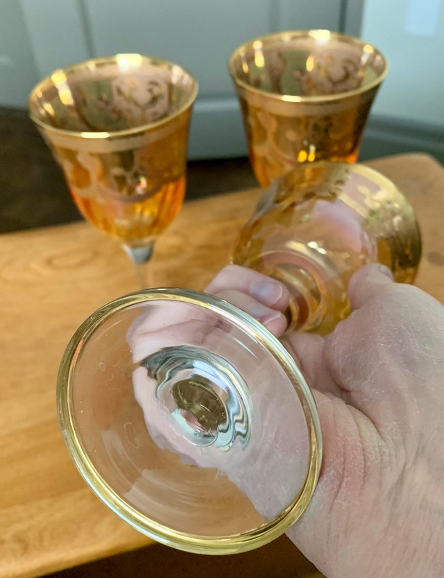 Vintage J Preziosi Amber Glass Goblets w/ 24K Gold Overlay - photo 3