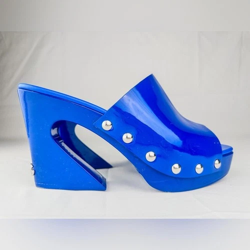 Blue Patent Leather Studded Platform Clog Mules EU 39