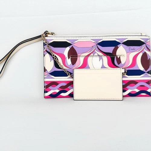 Emilio Pucci Multicolor Printed Leather Wristlet Clutch w/ Card