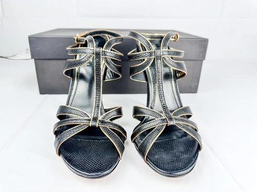 Dolce & Gabbana Ankle-Strap Heels Black & Gold Leather Size 39 - photo 2