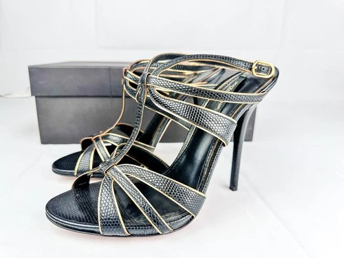Dolce & Gabbana Ankle-Strap Heels Black & Gold Leather Size 39 - photo 3