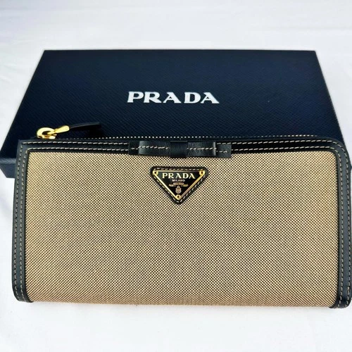 Prada Beige Black Logo Zip Around Wallet Jacquard Canvas Leather