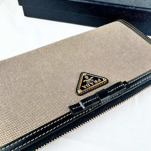 Prada Beige Black Logo Zip Around Wallet Jacquard Canvas Leather - photo 2