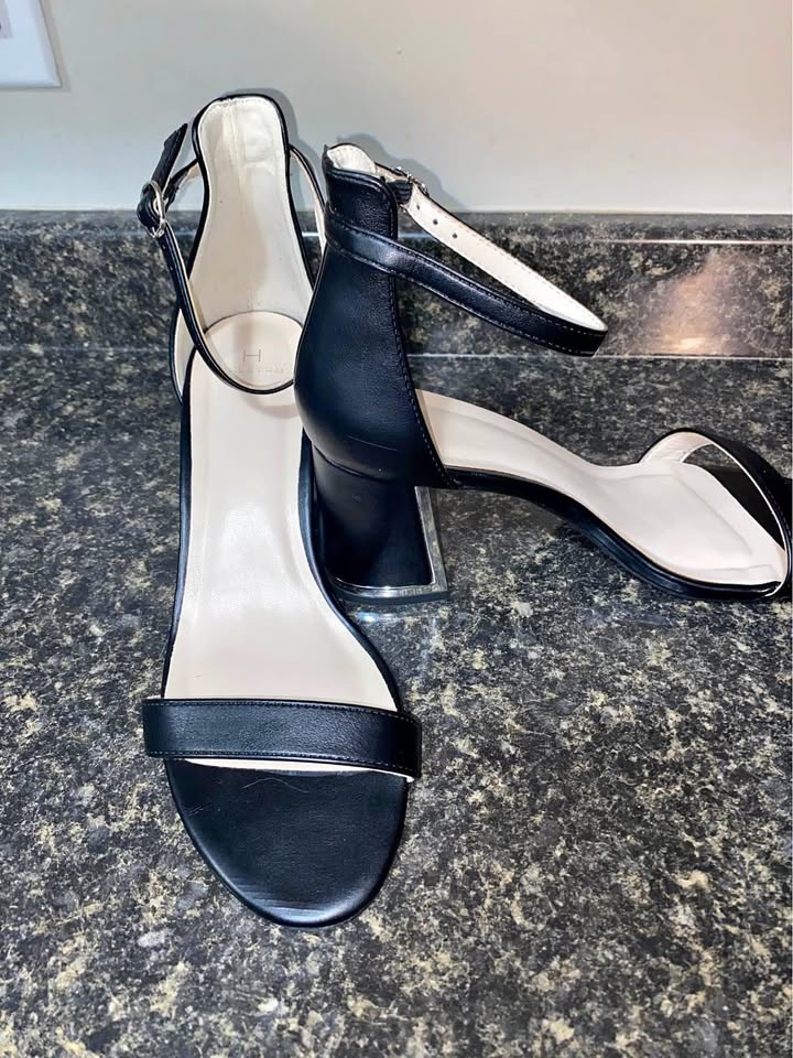 Halston Black Ankle Strap Block Heel Sandals